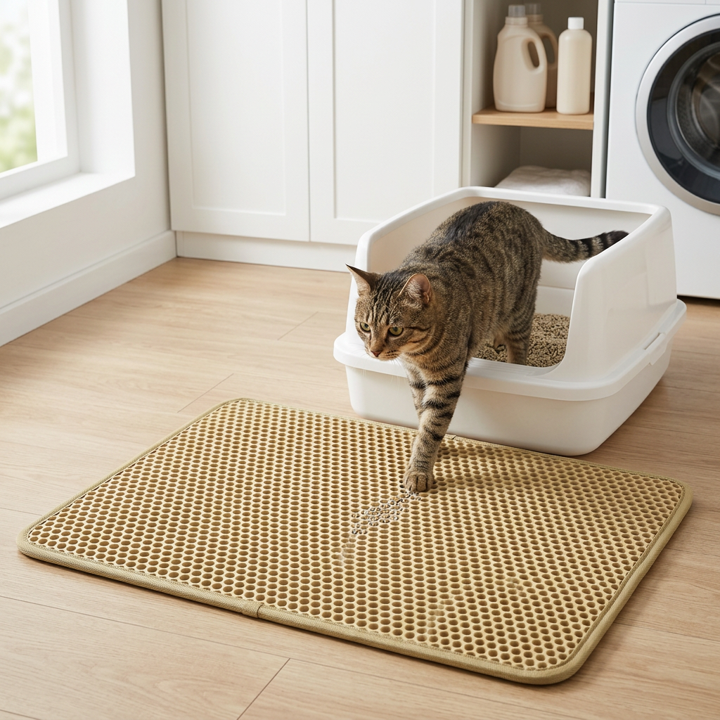 Tapis litière chat khaki devant un bac à litière, avec un chat tigré qui en sort dans une buanderie lumineuse.