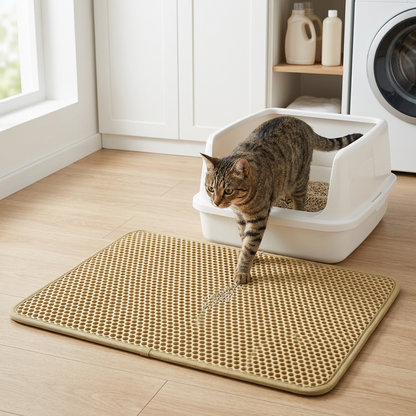 Tapis litière chat khaki devant un bac à litière, avec un chat tigré qui en sort dans une buanderie lumineuse.