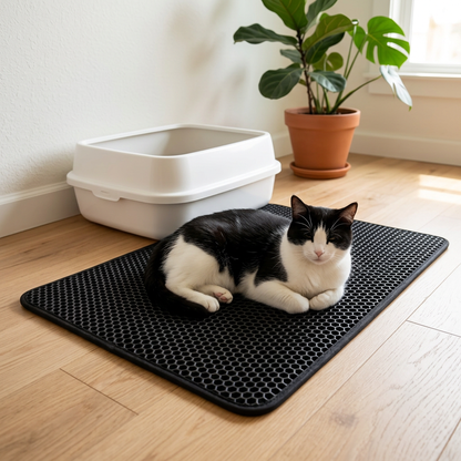 Tapis litière chat noir avec un chat noir et blanc allongé devant son bac dans une entrée lumineuse