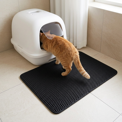 Tapis litière chat noir avec un chat roux entrant dans son bac dans une salle de bains