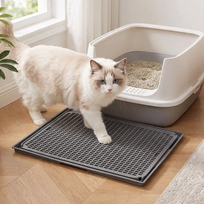 Tapis litière Chat rigide devant le bac 
