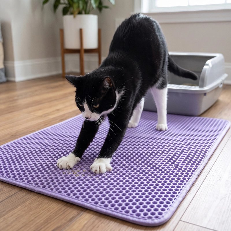 Tapis litière Chat violet avec chat noir et blanc qui s'étire 