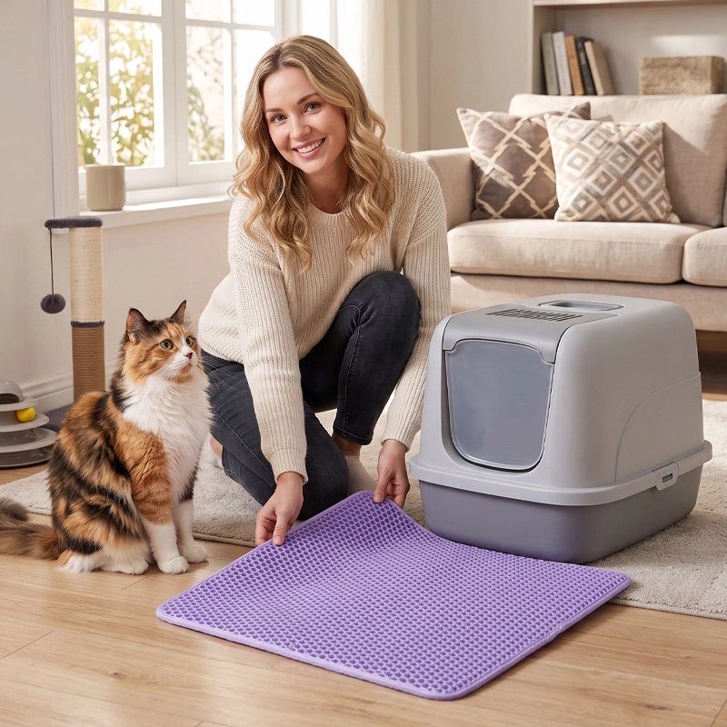 Tapis litière Chat violet mis en place par le propriétaire 