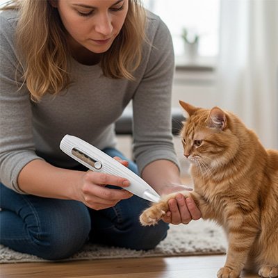 Tondeuse chat blanche maître tonds la patte de son chat roux