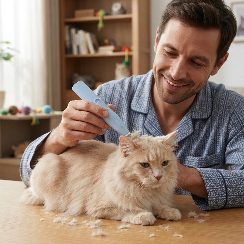Tondeuse chat bleue maître qui tonds la tête de son chat 