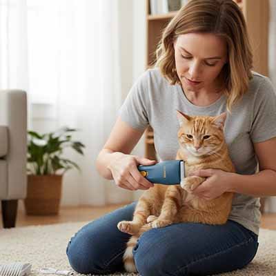 Tondeuse chat bleue maître tonds la patte de son chat roux