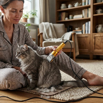 Tondeuse chat maître tonds le dos de son chat gris 