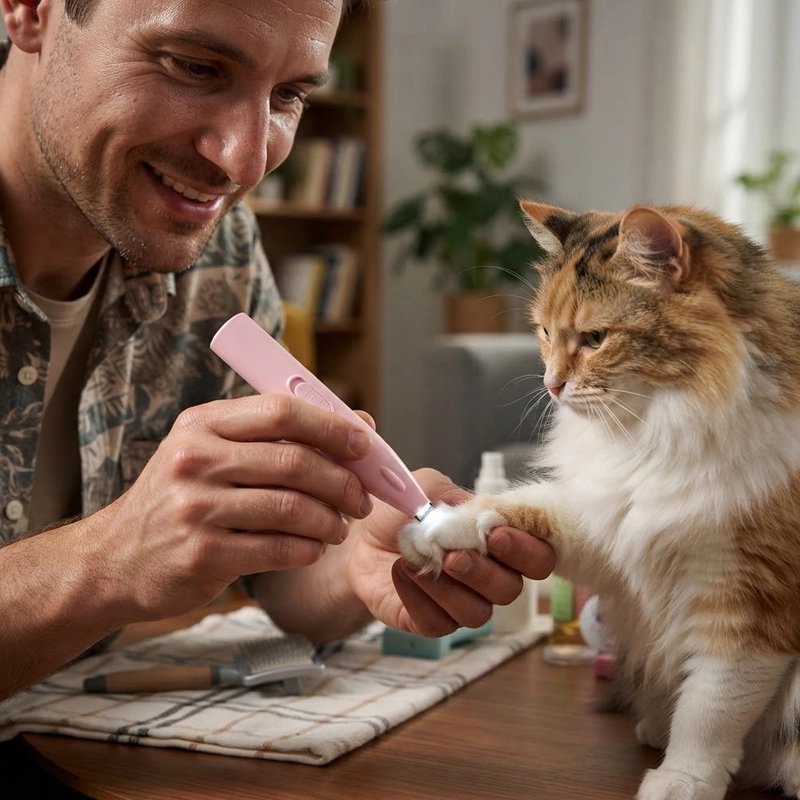 Tondeuse chat rose maître qui tonds la patte de son chat 