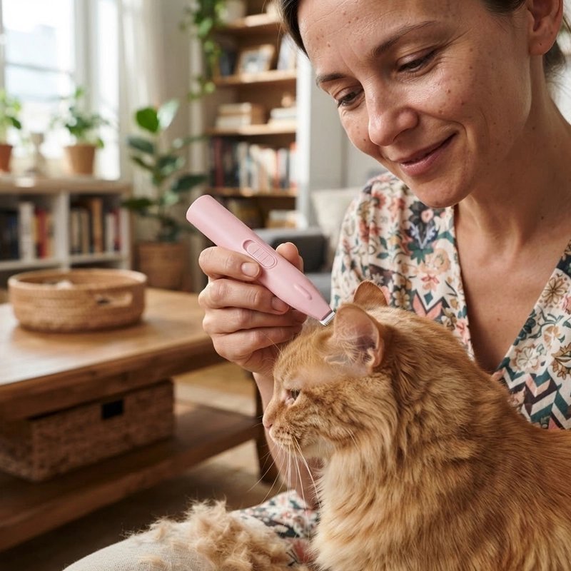 Tondeuse chat rose maître qui tonds la tête de son chat 