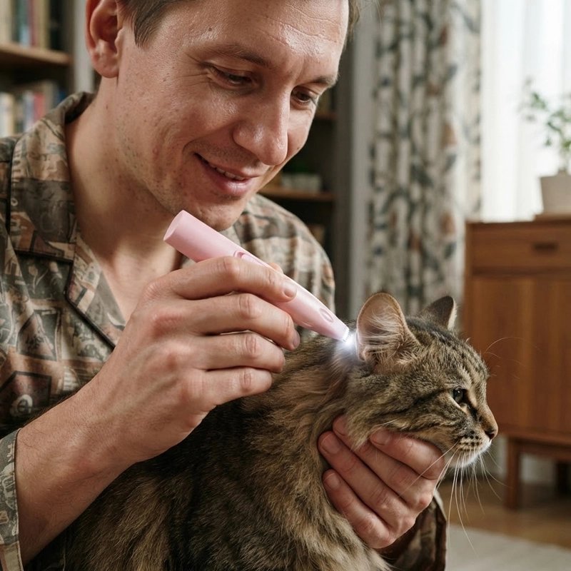 Tondeuse chat rose maître qui tonds les oreilles de son chat 