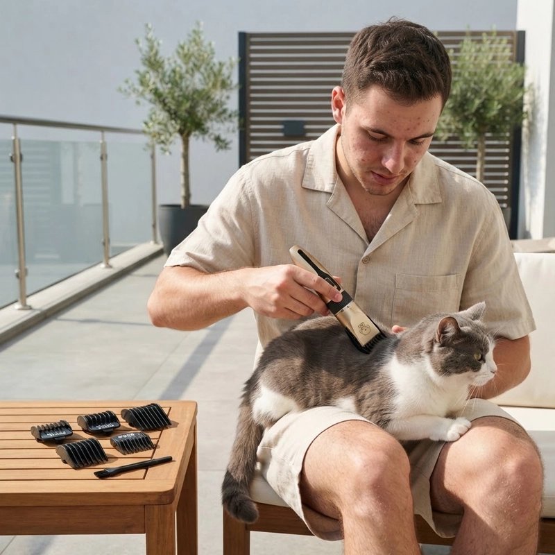 Tondeuse chat un maître tonds son chat gris et blanc 
