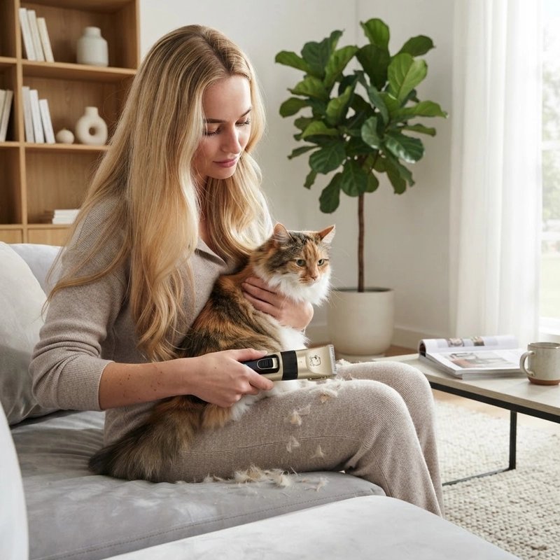 Tondeuse chat une dame tonds son chat à poils longs 