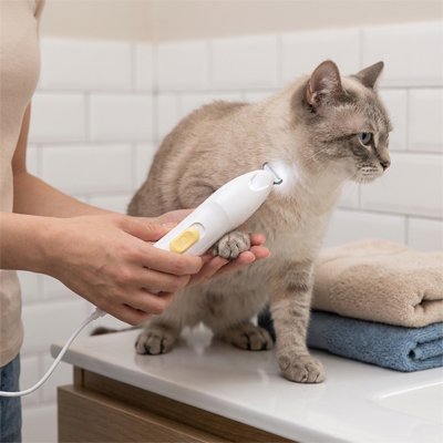Tondeuse pour Chat blanc maître tonds la patte de son chat blanc 
