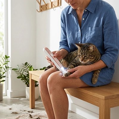 Tondeuse pour Chat rose maître tonds la patte de son chat tigré